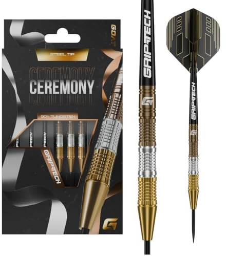 GOAT - Ceremony 90% Tungsten Darts, Gold, 22G-24 G, Dartpfeile, Inkl. 3 Barrels, 3 Flights & 3 Shafts | 24 G Steeldart Pfeile, Gold Barrels, Inkl. 3 Barrels, 3 Dart Flight & 3 Shaft, 53mm Länge, 7.3mm Ø, Front-Loaded