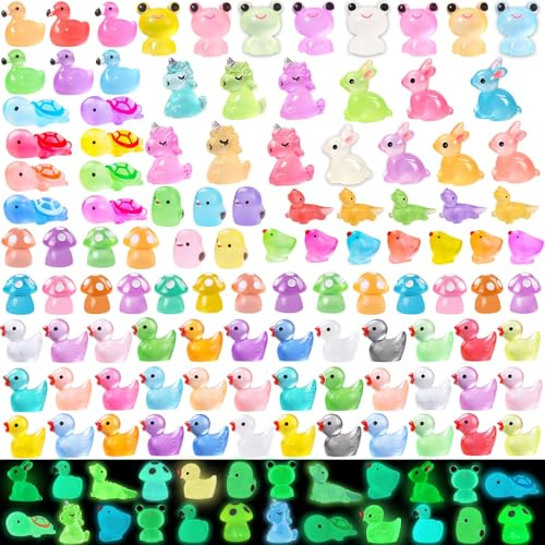 XIMISHOP 113PCS Mini Luminous Resin Animals，Coloful Cute Mini Resin Animals Miniature Tiny Little Small Plastic Animal Figures Glow in the Dark for Micro Landscape Fairy Garden Dollhouse Decor