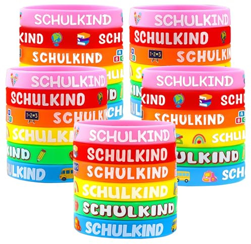 JUNEBRUSHS 30 Stück Einschulung Armband Schulkind, Schulkind Armband 2025 Deko Silikon Armbänder Schulanfang Geschenk zur Einschulung Junge Mädchen Schuleinführung Gastgeschenke