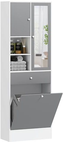 HOMCOM Armadietto da bagno con cesto biancheria sporca, armadio alto da bagno stretto con specchio cassetto scomparti aperti e ripiani regolabili, 62 x 28,3 x 181 cm, bianco e grigio