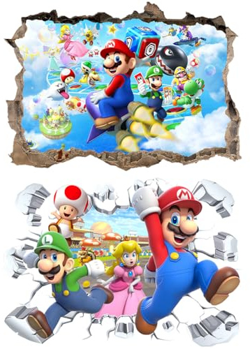 Cartone Animato Adesivi Murali, 2Pcs Cartoon Adesivi Parete Stanza Bambini, 3D Animato Bros Adesivi Muro Camera dei Bambini Soggiorno Camera da Letto Decorazione Casa Stickers 60x40cm