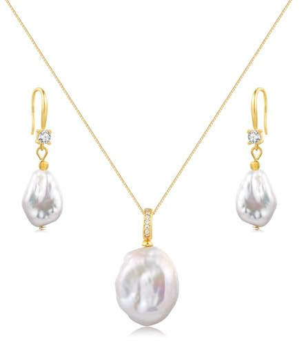YAMI Barockperlen-Damenschmuckset (Halskette + Ohrringe), Weiße/Rosalila Barock Perlenohrringe, Anhänger Barockperlen 18 Zoll + 2 Zoll, Damenschmuck-Geschenk, für Jeden Anlass Geeignet