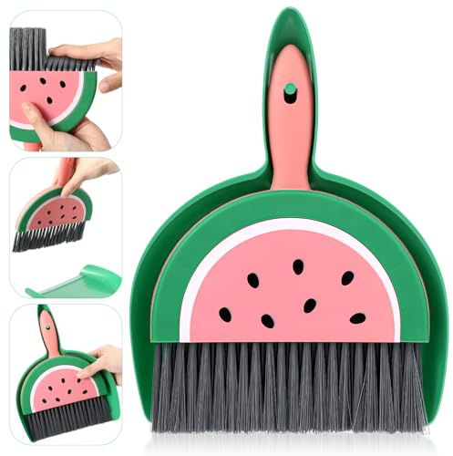 Ouligay Portable Small Broom and Dustpan Set with Durable Brush,Cute Mini Dustpan and Brush Sets, Lightweight Dust Pan and Broom Set for Desktop Small Space Cleaning(Watermelon)