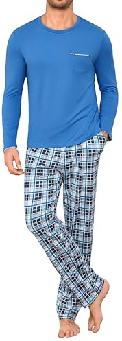 Leversic Pijama de Invierno para Hombre Conjunto de 2 Piezas de Algodón a Cuadros con Manga Larga y Cuello Redondo Camiseta y Pantalón a Cuadros para Dormir S-4XL(420-Azul,XL)