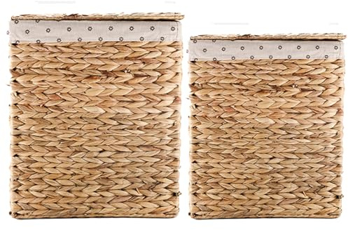 GRUGOODS Lot de 2 paniers à linge en osier tressé à la main avec couvercle 60 l et 40 l en jacinthe d'eau naturelle (sans insert)