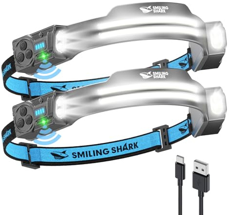 Smiling Shark TS-2 Lampe Frontale, LED Head Lamp Rechargeable 2400mAh 2x Projecteur Orientable & Flood & Strobe Headlamp avec Capteur de Mouvement pour Camping, Jogging, Randonnée, Course (2 PACK)