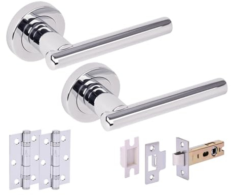 Hunta HANDLEZONE® Solus Internal Door Handle Latch Pack, Complete with Lever On Rose Handles, 76mm Latch, 75mm Ball Bearing Hinges - Polished Chrome