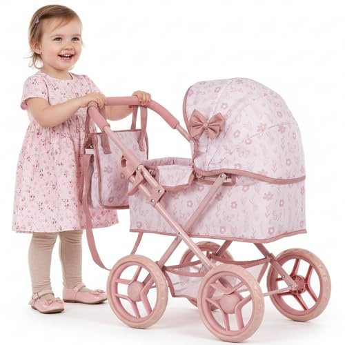 Cochecito para muñecas Kinderplay a Partir de 3 años – Capazo Profundo con Bolso y Cesta – Estructura Ligera con Ruedas de Espuma silenciosas – Cochecito de Juguete para muñecas de hasta 30 cm