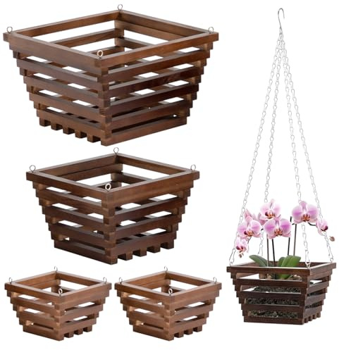 SiliFine Orchideenkörbe aus Holz mit Aufhängern, rustikale Vanda-Körbe, quadratisch, handgefertigt, für drinnen und draußen, Garten, Orchideen, Hirschhorn, Farne, Mount Pflanzen, Blumen (15,2 cm, 20,3