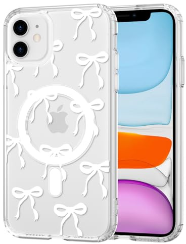 TVVTPU Magnetisch Hülle für iPhone 11 Kompatibel mit MagSafe, Aesthetic Schleifen Muster Handyhülle Nie Vergilbung Dünne Transparent Hard PC Rückseite Stoßfest Kratzfest Schutzhülle Case, Weiß