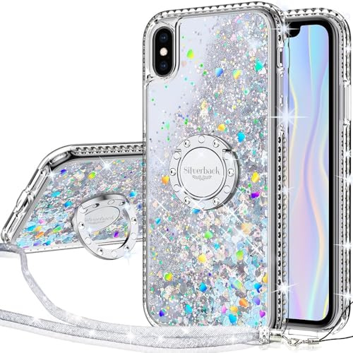 Silverback für iPhone X/XS Hülle, Glitzer Handyhülle mit Ring & Band | Silber,Silikon Flüssigkeit Clear Case, Treibsand Schutzhülle für Mädchen