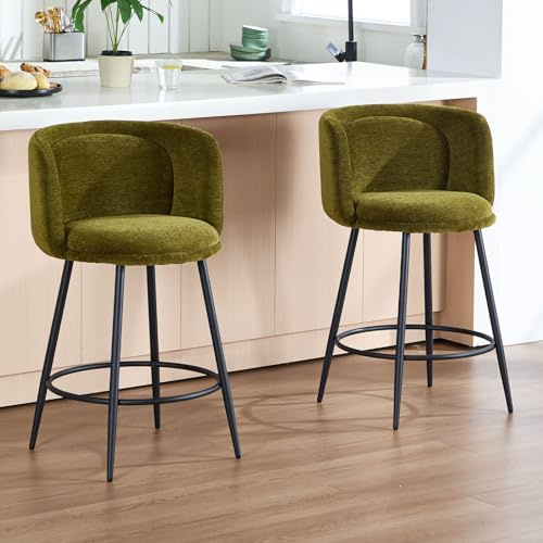 DAYALANE Barhocker 2er mit Lehne, Barstuhl Modern, Grün | Gepolsterter Küchenhocker aus Chenille, Bistrohocker Bar Stool für Küche Bistro Café & Theke