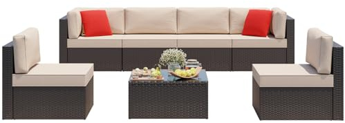 Vongrasig 7 Pieces Patio Furniture Sets, Outdoor Modular Sectional Sofa Patio Conversation Set PE Rattan Wicker Sectional Couch with Cushion, Glass Table for Patio, Garden, Poolside, Beige