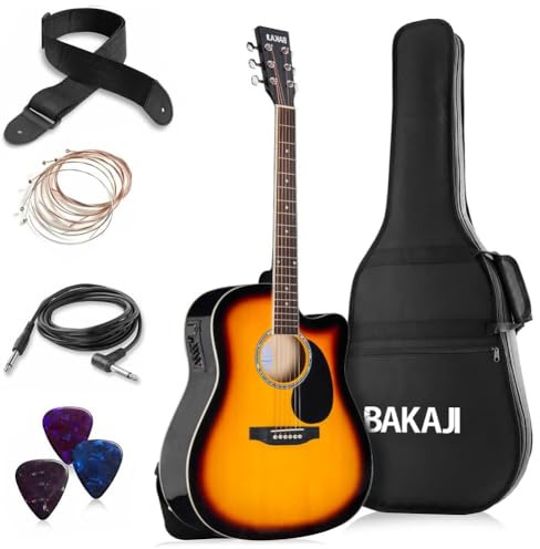 BAKAJI Elektro-Akustikgitarre 41 Zoll mit Tasche, Ersatz-Saiten, Plektren, Kabel für Verstärker und Schultergurt, Folk-Gitarre Cutaway-Form für Erwachsene und Anfänger (Sunburst)