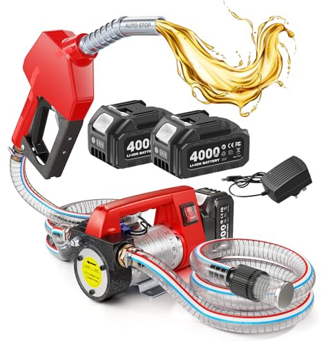 TaskStar Fuel Transfer Pump Battery Powered, 45L/min for Diesel Kerosene | Electric Cordless Portable Pump with 2x4.0Ah Batteries & Charger, Auto-Stop Fuel Nozzle, 2x2m Hoses, for Tractor Truck Boat