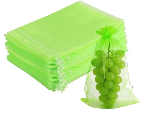 LUCKNIGHT Organzasäckchen 20x30 cm, 60 Stück Organza Säckchen Groß, Obst Schutzbeute, mit Kordelzug, Säckchen zum Befüllen für Geschenksäckchen Hochzeit Obstgarten Weihnachten Beutel Party (Grün)