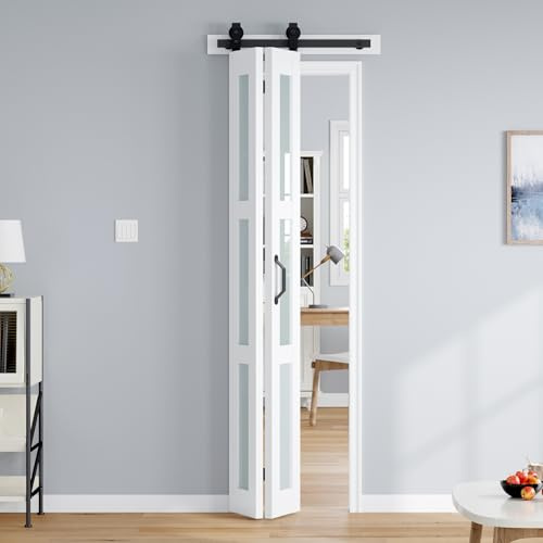 ROYMELO Bifold Barn Door 24x84 Inch (Double 12x84), White Frosted Glass Bifolding Doors with 28 Hardware Kit Included, Closet Sliding Wood Panel Slab, Save Space, Simple DIY Assembly