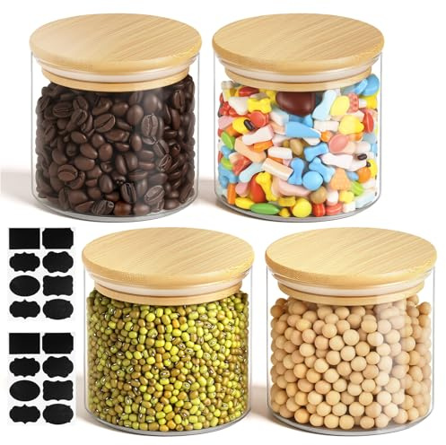 AOOTE Glasburkar i glas, set med 4 burkar av Borosilikatglas, 350 ml glasburk med lock, burk och behållare med etiketter, för flingor, pasta, socker, kaffe, kryddor