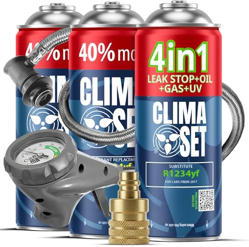 CLIMASET - Kit de Recarga de Aire Acondicionado para Coche - 4 en 1 R1234yf + 2X G-R1234YF-CS-XL + Manguera + Adaptador YF - para vehículos Fabricados después de 2016, con una Manguera Moderna