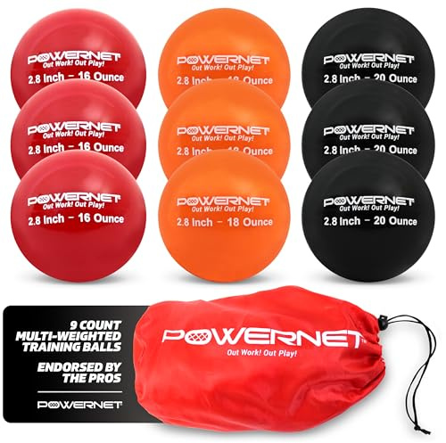 PowerNet 7 cm viktat slagträ progressiva träningsbollar (9 pack) | PRO 16, 40 oz | byggstyrka och muskel | förbättra teknik och form | basebollstorlek | förbättra hand-öga-koordinationen