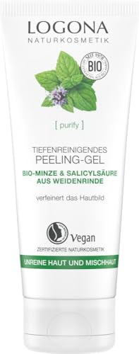 Bio Tiefenreinigendes Peeling-Gel von LOGONA Naturkosmetik für unreine Haut & Mischhaut mit Bio-Minze & natürlicher Salicylsäure aus Weidenrinde, Tiefenreinigend & Mattierend, Natürlich & Vegan,100 ml