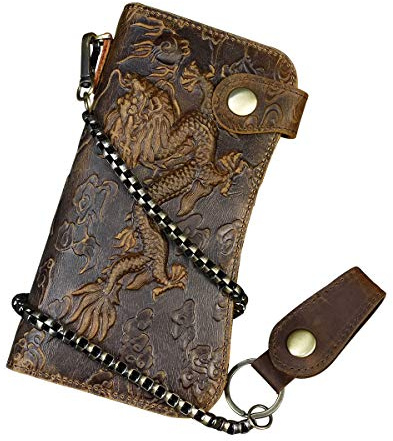 LUUFAN Men's Genuine Leather Long Wallet Chain Wallet Card holder Wallet with Coin Pocket (Dragon)