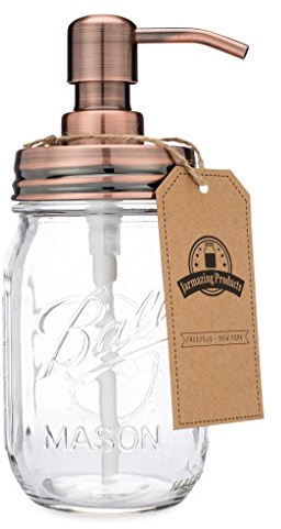 Jarmazing Products Classic Farmhouse Mason Jar Soap Dispenser - Copper - With 16 Ounce Ball Mason Jar