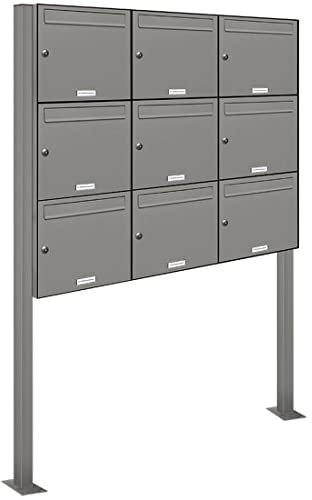 AL Briefkastensysteme 9er Standbriefkasten in Aluminiumgrau RAL 9007 als 9 Fach Briefkastenanlage DIN A4 in Postkasten Briefkasten Design modern