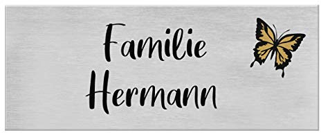 Klingelschild selbstklebend Briefkastenschild Namensschild Schmetterling | Edelstahl Schild, Gravur, Edelstahlschild mit Namensgravur, Premium Lasergravur, Farbige Laserbeschriftung