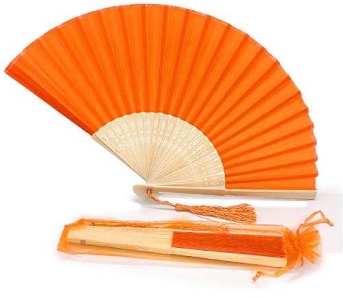 FANSOF.FANS Fabric Handheld Folding Hand Fan With a Tassel Grade A Bamboo Ribs for Women Girls Summer Party Event Favour Birthday Wedding Souvenir Gift (Orange)