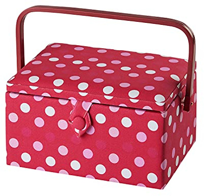 Medium Sewing Box in a Red Spot Fabric | 26 x 18 x 15cm, Storage and Organiser Basket with Compartments for Sewing Supplies, Accessories, Thread, Needles and Scissors
