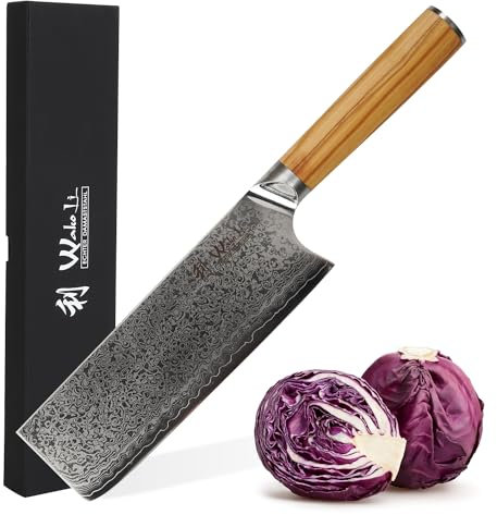 Wakoli Oribu Nakiri Messer 17,5 cm Full Tang Kochmesser Klinge aus 67 Lagen Damaststahl mit VG10-Kern | Scharfe Messer mit Olivenholzgriff | Asiatisches Küchenmesser für großes Gemüse | Geschenkbox