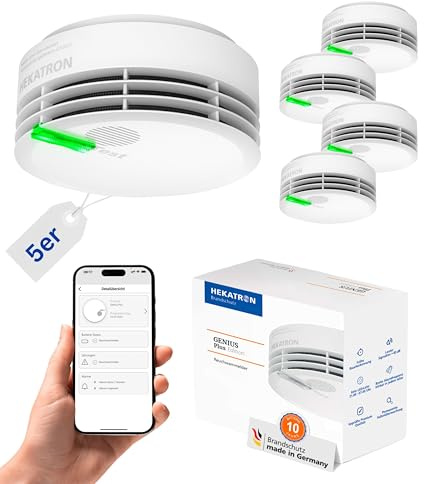 Hekatron Genius Plus – Rauchmelder 10 Jahre Batterie – Testsieger Stiftung Warentest – made in Germany – inkl. 5x Klebepad – App-unterstützt – Feuermelder – mehrsprachig – 5 Stück
