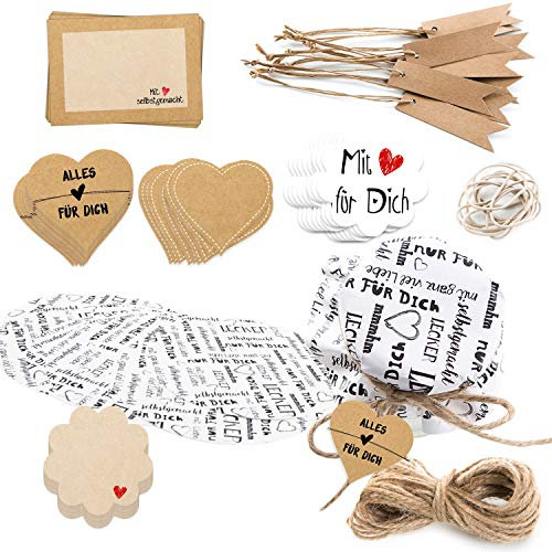 Logbuch-Verlag großes 81-tlg. Deko Set für Eingemachtes - Gläserdeckchen + Sticker + Papieranhänger - Geschenkset für Hobbyköche