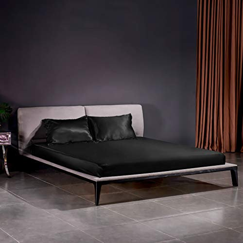 THXSILK 22 Momme Seide Spannbetttuch 3 teilig Set mit 1 Stuck Spannbettaken 180x200 und 2 Stücke Kissenbezüge 40x80, Beide 100% Seide, Schwarz