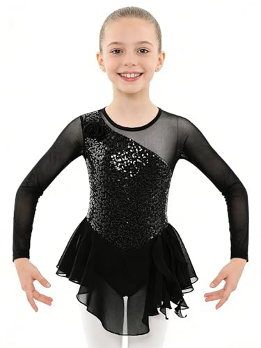 inlzdz Body da Pattinaggio Artistico Bambina Abito con Manica Lunga in Paillettes Vestito da Danza Classica Tuta da Ginnastica Leotards Danza Ballo Balletto Dancewear A Nero 12 anni