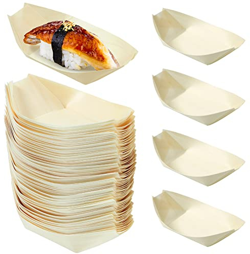 Cabilock 100Pcs Wooden Sushi Serving Tray Plate Sushi Boat Dishes Wooden Food Container for Home Restaurant Weddings Parties