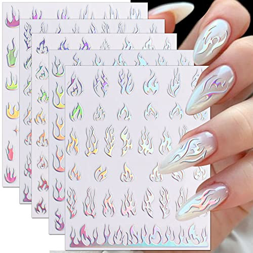 Dornail 6 Blätter Aurora Nagelsticker Holographisch Laser Flamme Nagelaufkleber Selbstklebend Nagelabziehbilder 3D Nail Stickers Silber Feuer Flamme Nagel Aufkleber Nageldesign Nail Art Dekoration