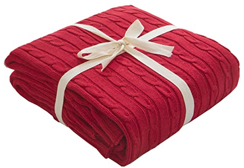 Lifup Gestrickte Decke aus 100% Baumwolle Warme Weiche Zopfmuster Kuscheldecke für Bett Sofa Couch Rot 110x180cm