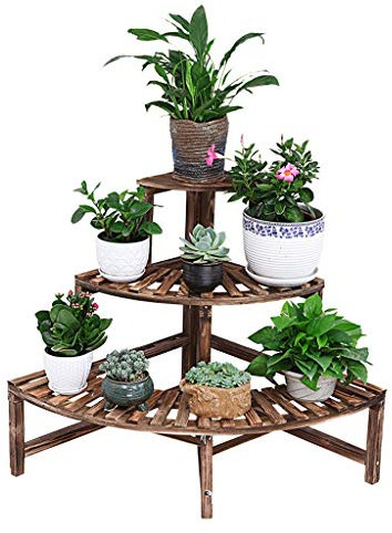 Pflanzenständer, verstellbarer Pflanzenständer, Pflanzenhalter, Mid-Century-Holzsektor, Blumenständer mit 3 Ebenen, für den Innenbereich, Wohnzimmer, Balkon, Holzboden, Pflanzenständer, Eckregal, perf