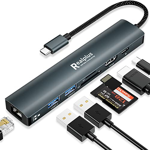RealPlus USB C Hub 7 in 1 USB C Adapter mit 4K HDMI, 1Gbps Ethernet RJ45, 100W PD, 2 USB A 5Gbps Datenports, MicroSD & SD Kartenleser, USB C Docking Station für MacBook Air M2, Windows, Switch