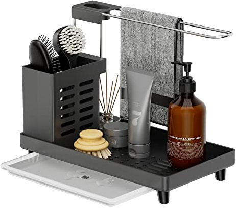 Haphome Küche Spülbecken Spüle Sink Organizer - Utensilien Korb für Küche & Badezimmer mit Abtropfschale,Klebstoff Arbeitsplatte Dual-Use Schwamm Bürste Seifenschale Halter