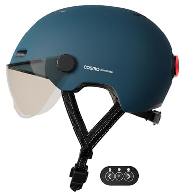 Cosmo Connected - Cosmo Fusion+ - Casque Intelligent Vélo et Trottinette avec Visière, Taille Adulte - Clignotants, Feu de Freinage Automatique, Partage de Trajet, Détection de Chute, Assurance