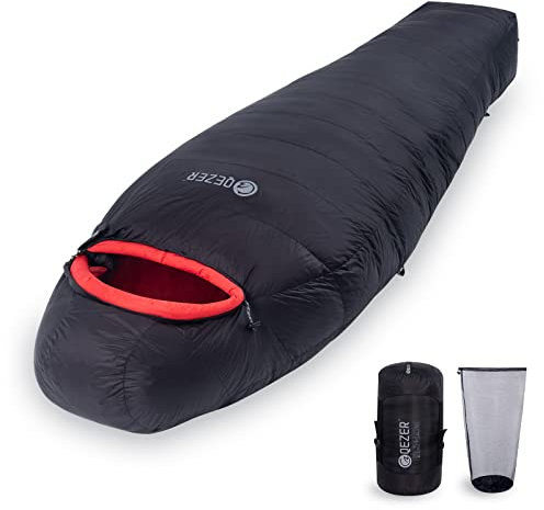 QEZER Winter Sleeping Bag for Adults, Lightweight Down Sleeping Bag -20 Degree C for Cold Weather Camping and Mountaineering Outdoor with 660 FP Duck Down (1000g down, Black)