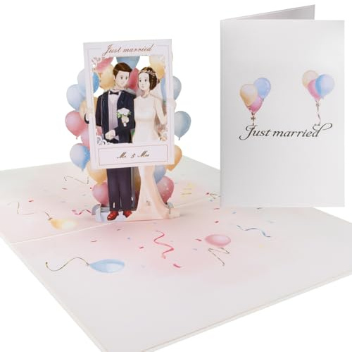 Sweetpopup® Pop-Up Karte Hochzeit – Just-Married & Brautpaar – Edle Glückwunschkarte zur Hochzeit, Standesamt, Hochzeitstag – Perfekt für Gutscheine & Geldgeschenk - Premium Metallic Papier, 108