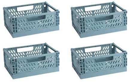 Ideen mit Herz Lot de 4 caisses pliantes empilables et solides - Boîte de rangement pliable en plastique (15 x 10 x 5,7 cm) - Bleu pigeon