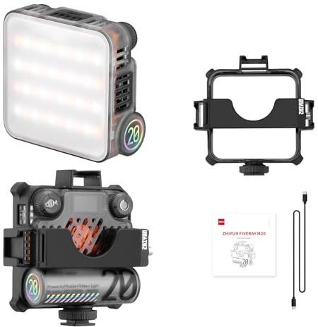 Zhiyun Fiveray M20 On Camera Video Light W/Cage 20W Pocket Fill Light, 2700K-6500K, TLCI97+, CRI95+, illuminamento di picco 2010Lux, 10 effetti di luce, supporto attrazione magnetica e USB-C PD
