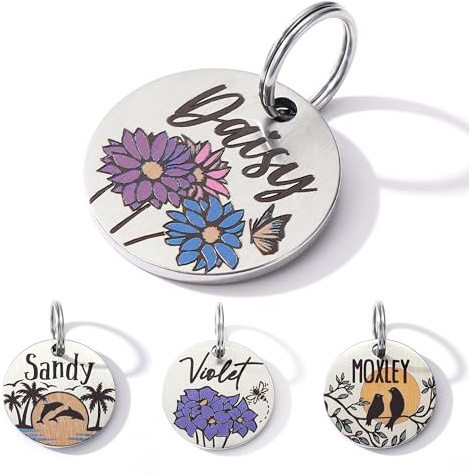 Targhette per cani personalizzate, Medagliette incise con stampa a colori, Targhette identificative per animali domestici personalizzate, supporto per collare per gatti (Margherita)