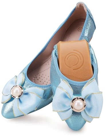 Anxle Sky Blue Foldable Ballet Flats for Women Bling Rhinestone Wedding Ballerina Flats Shoes Comfort Slip On Dress Flat Shoes Size 11