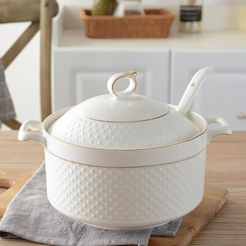 MGHRUE Sopera De Sopa Blanca con Borde Dorado, Tapa Y Cuchara, Cuenco para Servir De Doble Asa, Porcelana Elegante para Restaurante Y Hogar,3.2L